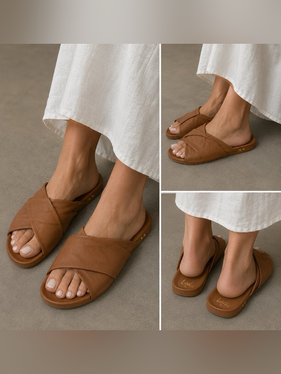 beek Shoes - beek Tan Leather Crisscross Slip-On Mules